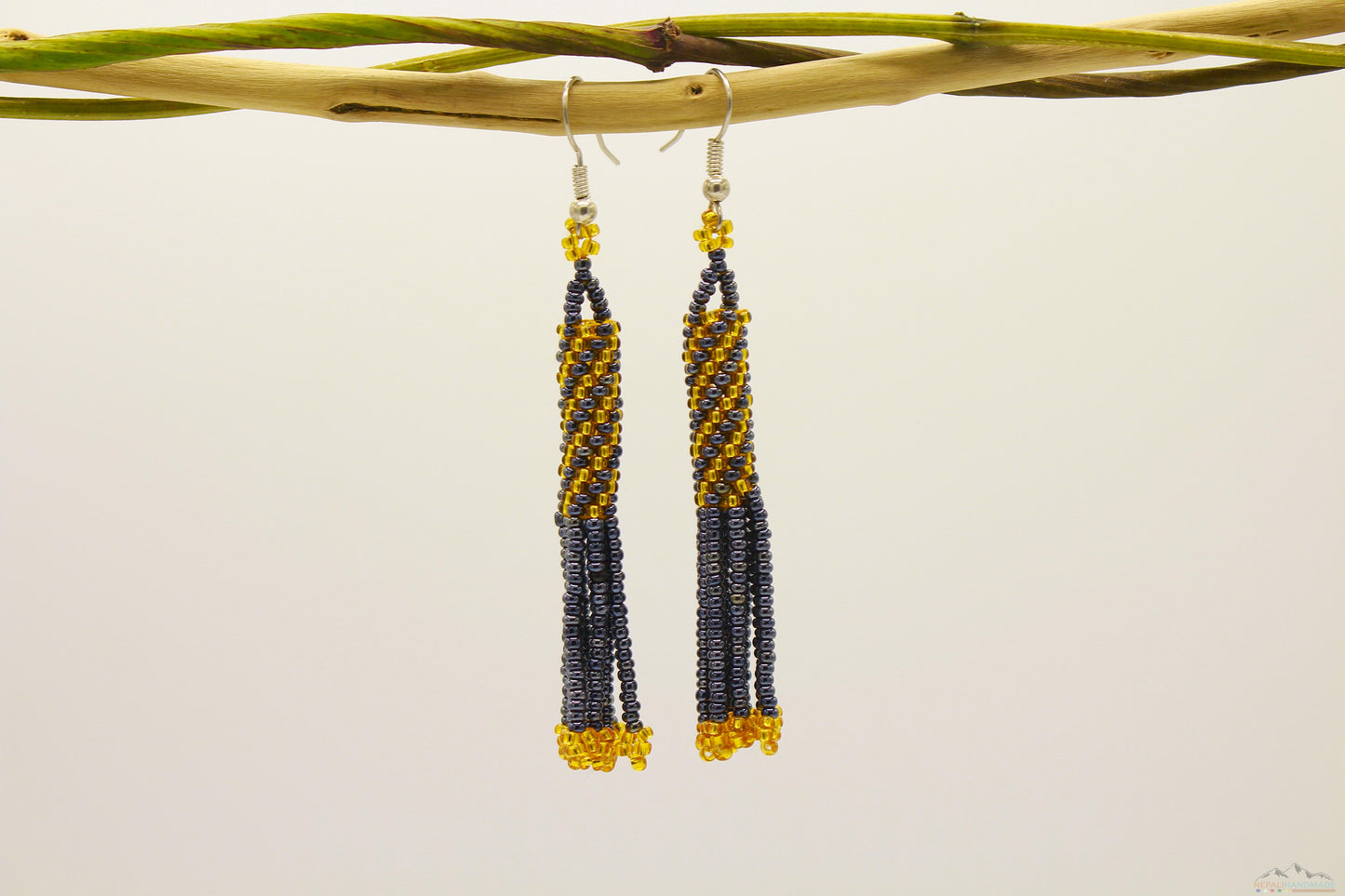 Gray Chrome & Golden Glass Beads Cylindrical Chandelier Earring