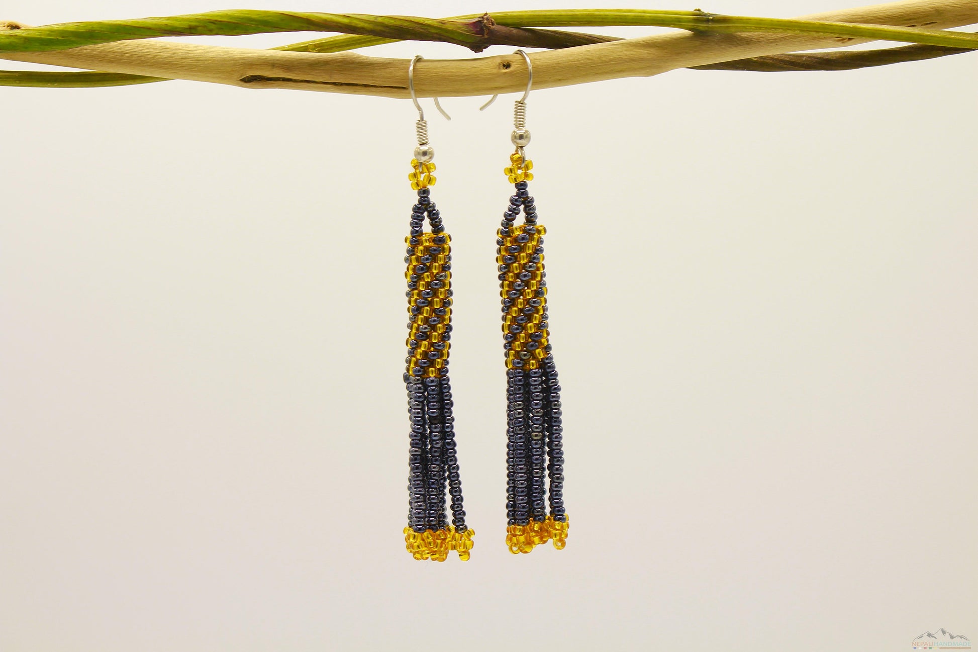 Gray Chrome & Golden Glass Beads Cylindrical Chandelier Earring