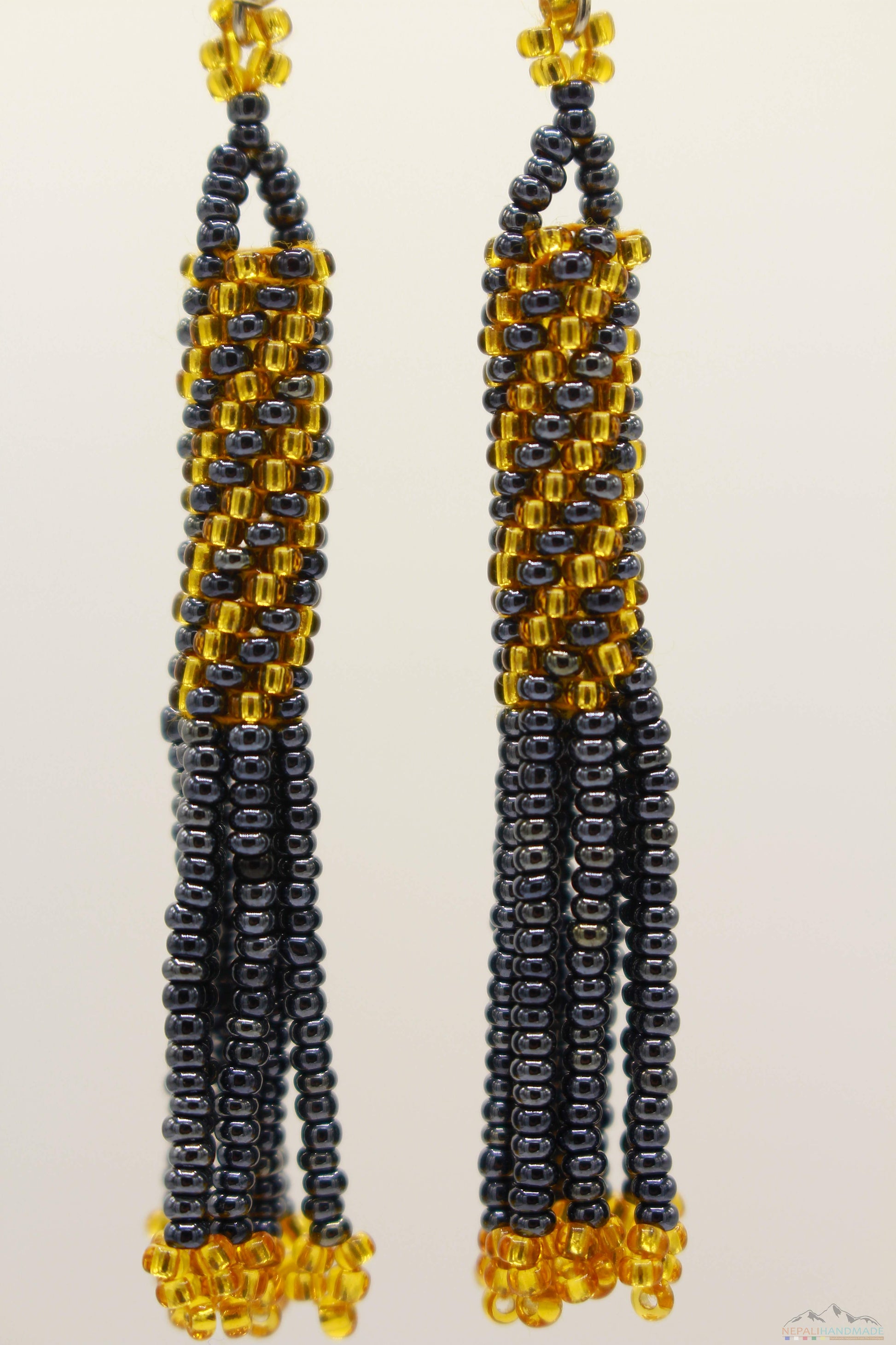 Gray Chrome & Golden Glass Beads Cylindrical Chandelier Earring
