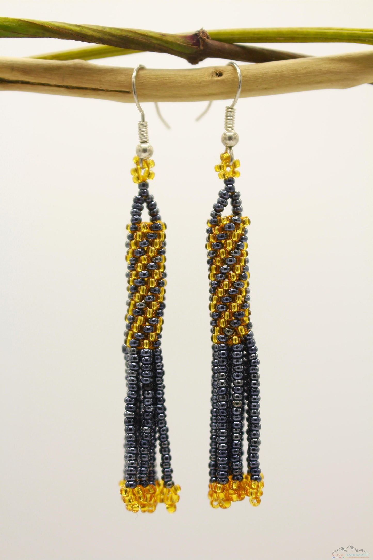 Gray Chrome & Golden Glass Beads Cylindrical Chandelier Earring