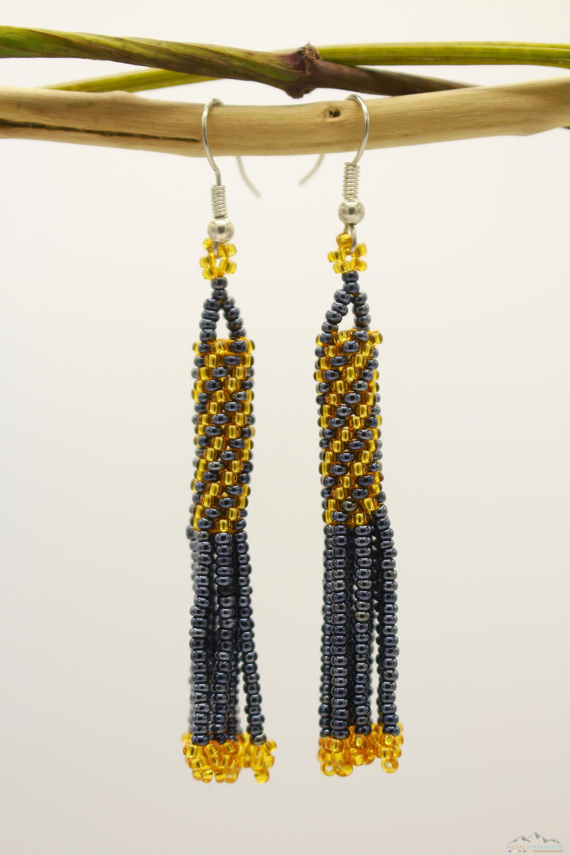 Gray Chrome & Golden Glass Beads Cylindrical Chandelier Earring