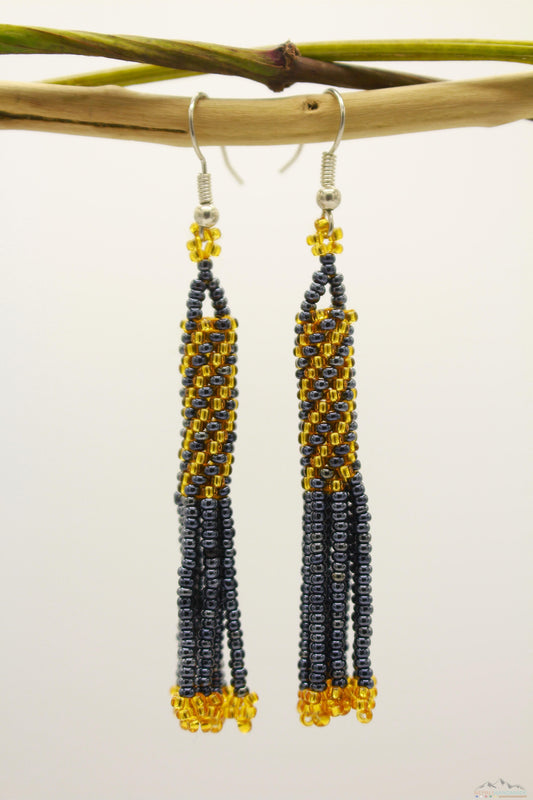 Gray Chrome & Golden Glass Beads Cylindrical Chandelier Earring
