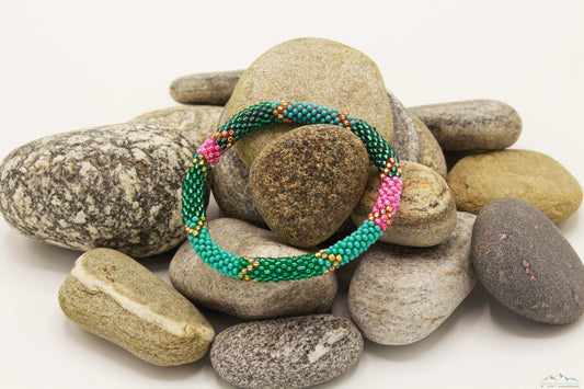 Sparkling Green, Blue & Pink Glass Beads Roll On Bracelet