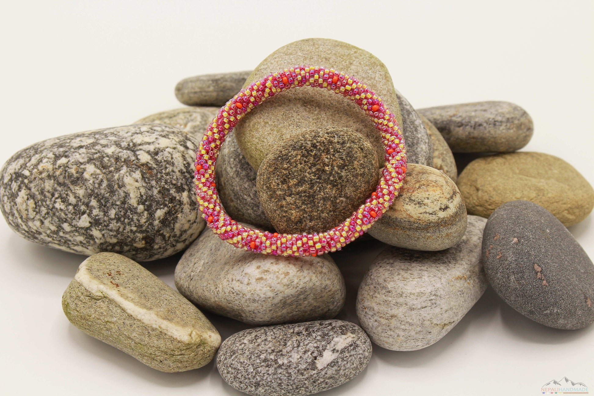 Diamond Design Pink, Yellow & Orange Glass Beads Roll On Bracelet