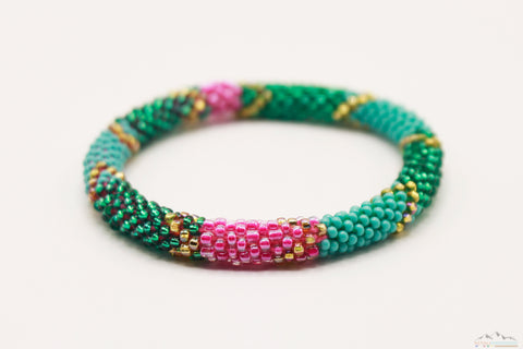 Sparkling Green, Blue & Pink Glass Beads Roll On Bracelet