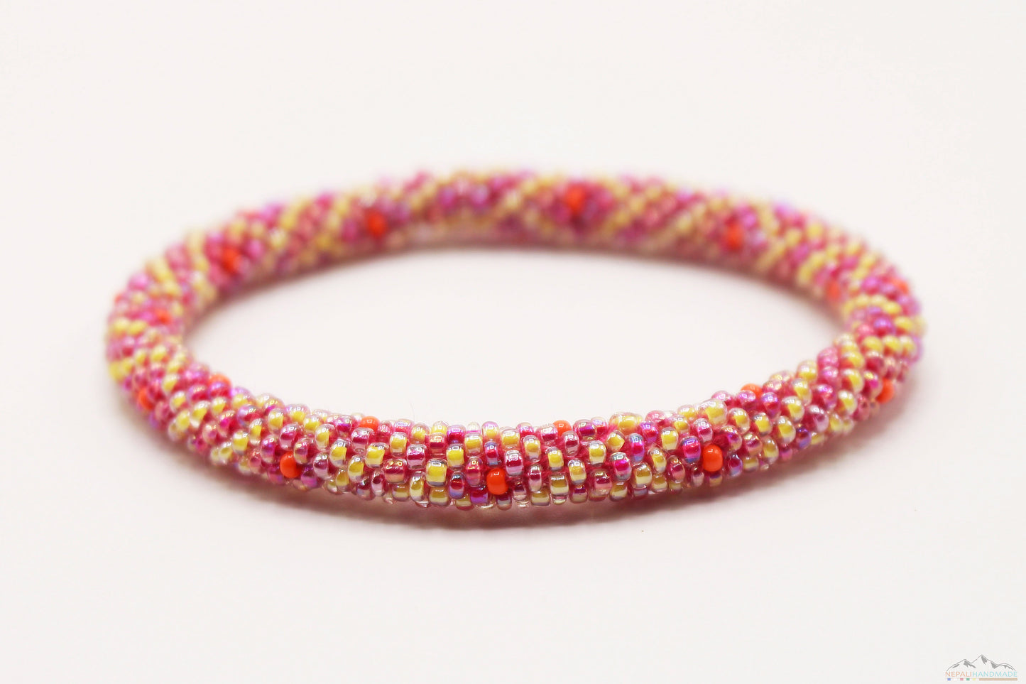 Diamond Design Pink, Yellow & Orange Glass Beads Roll On Bracelet