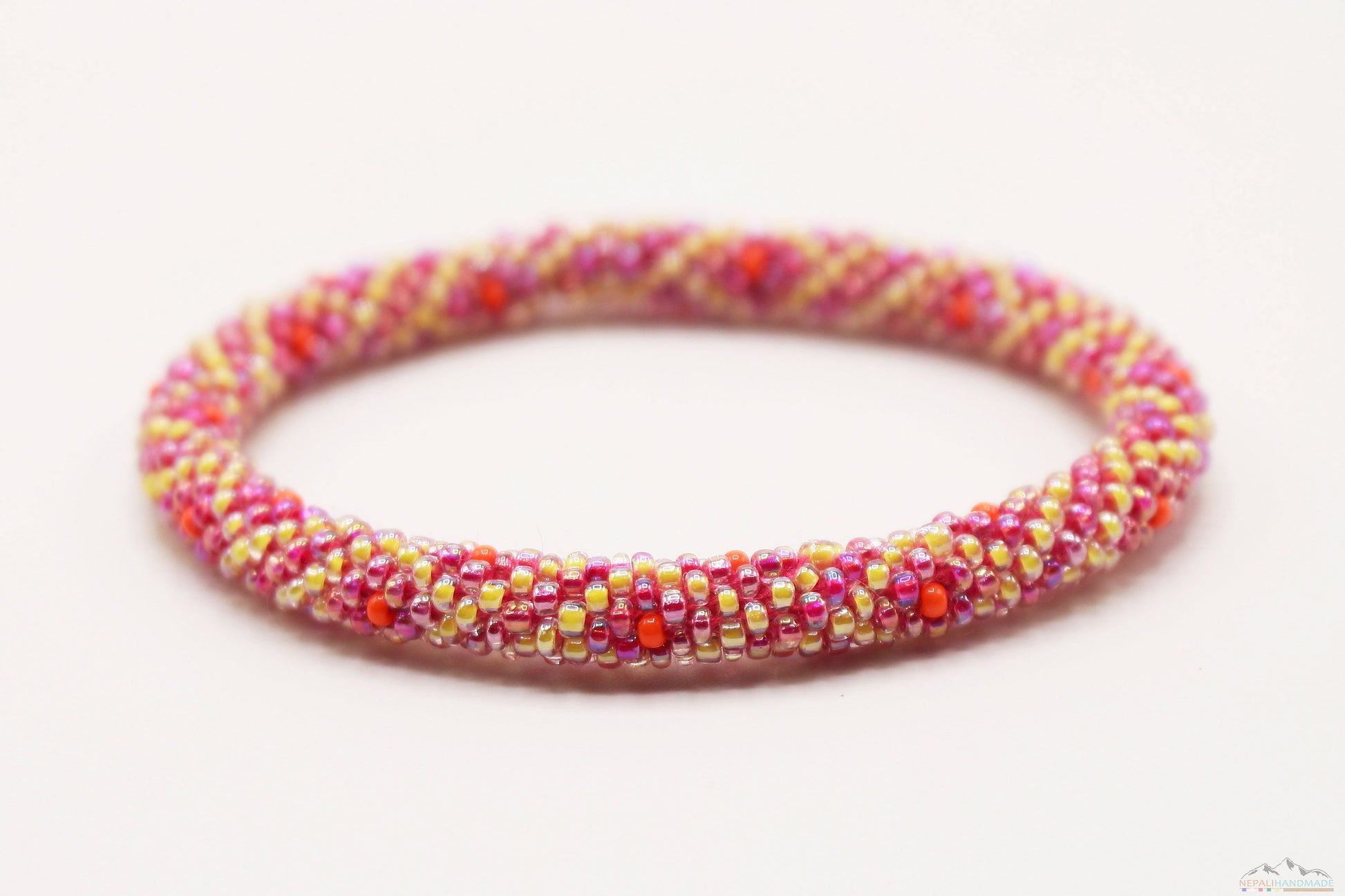 Diamond Design Pink, Yellow & Orange Glass Beads Roll On Bracelet