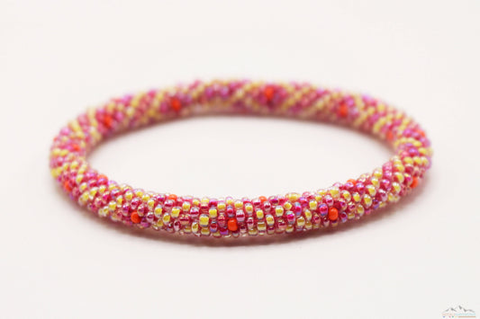 Diamond Design Pink, Yellow & Orange Glass Beads Roll On Bracelet
