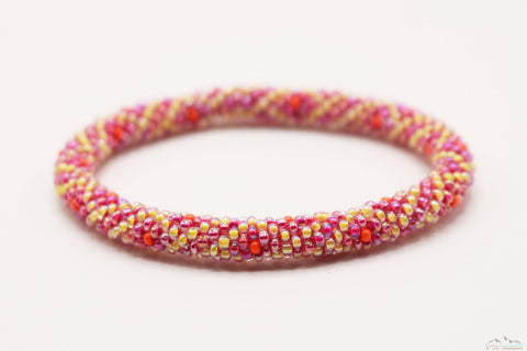 Diamond Design Pink, Yellow & Orange Glass Beads Roll On Bracelet