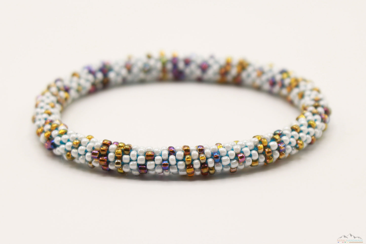 Shiny White & Brown Glass Beads Mix Pattern Roll On Bracelet