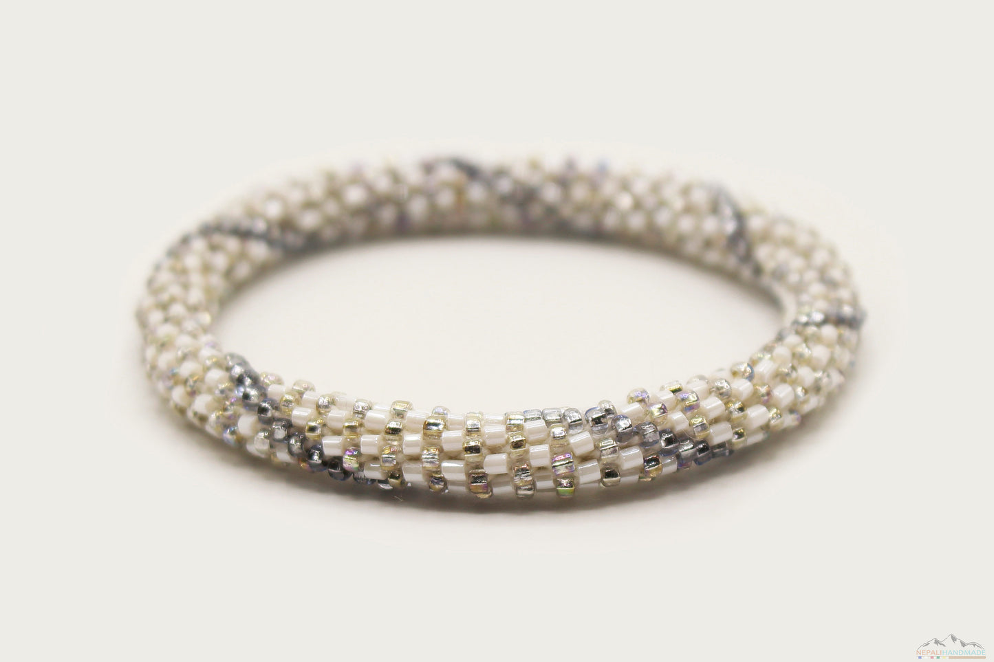 Shiny White, Silver & Gray Glass Beads Line Pattern Roll On Bracelet