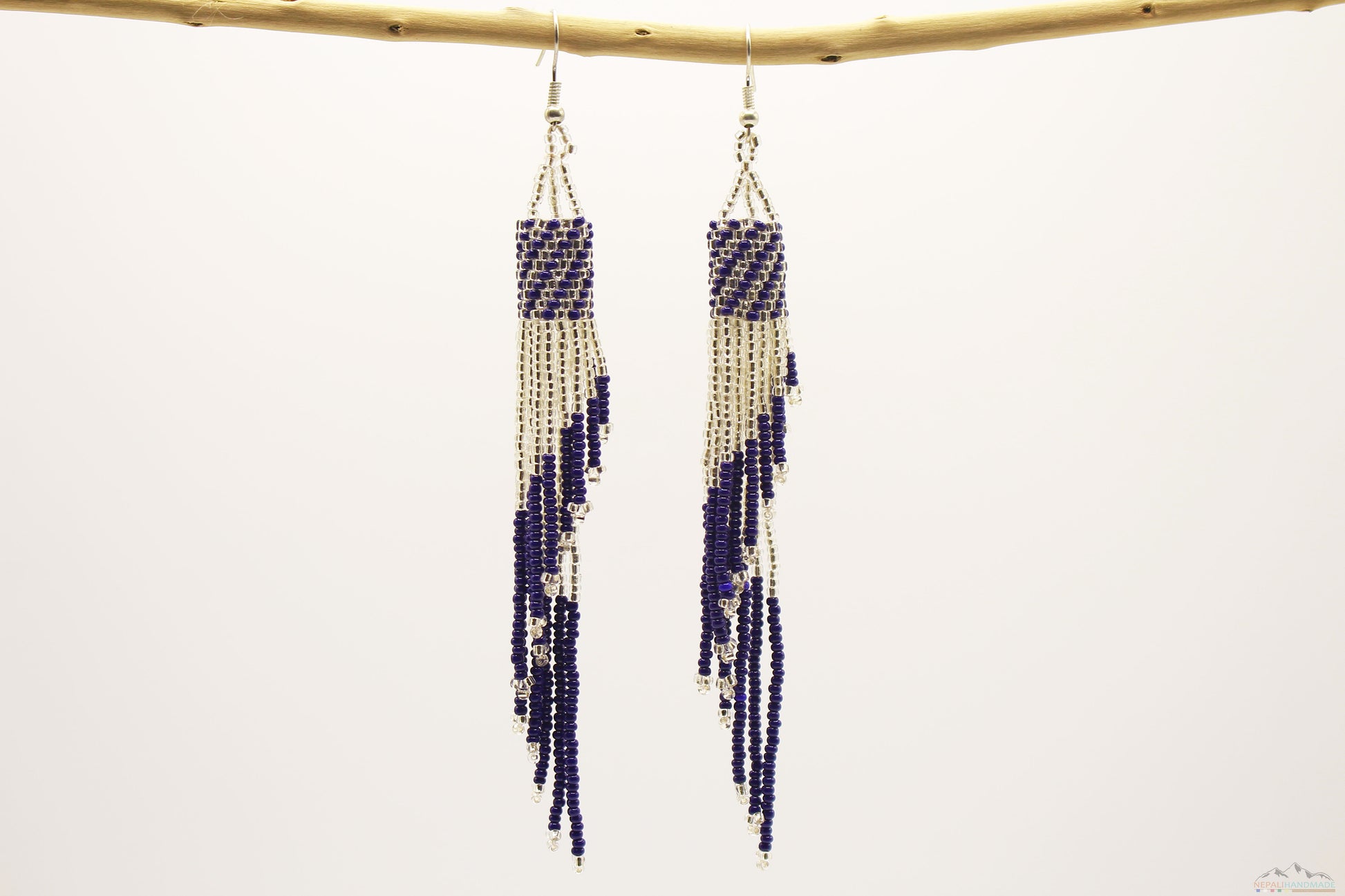 Dark Blue & Silver Glass Beads Tube Chandelier Earring