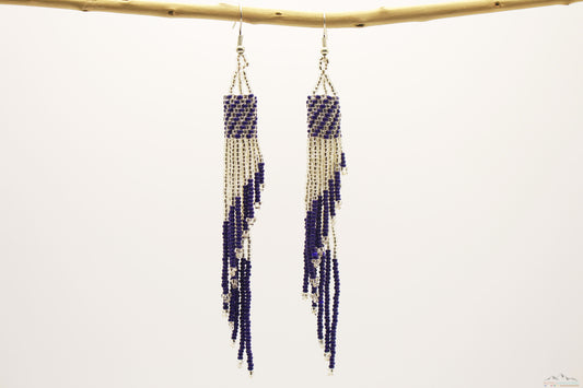 Dark Blue & Silver Glass Beads Tube Chandelier Earring