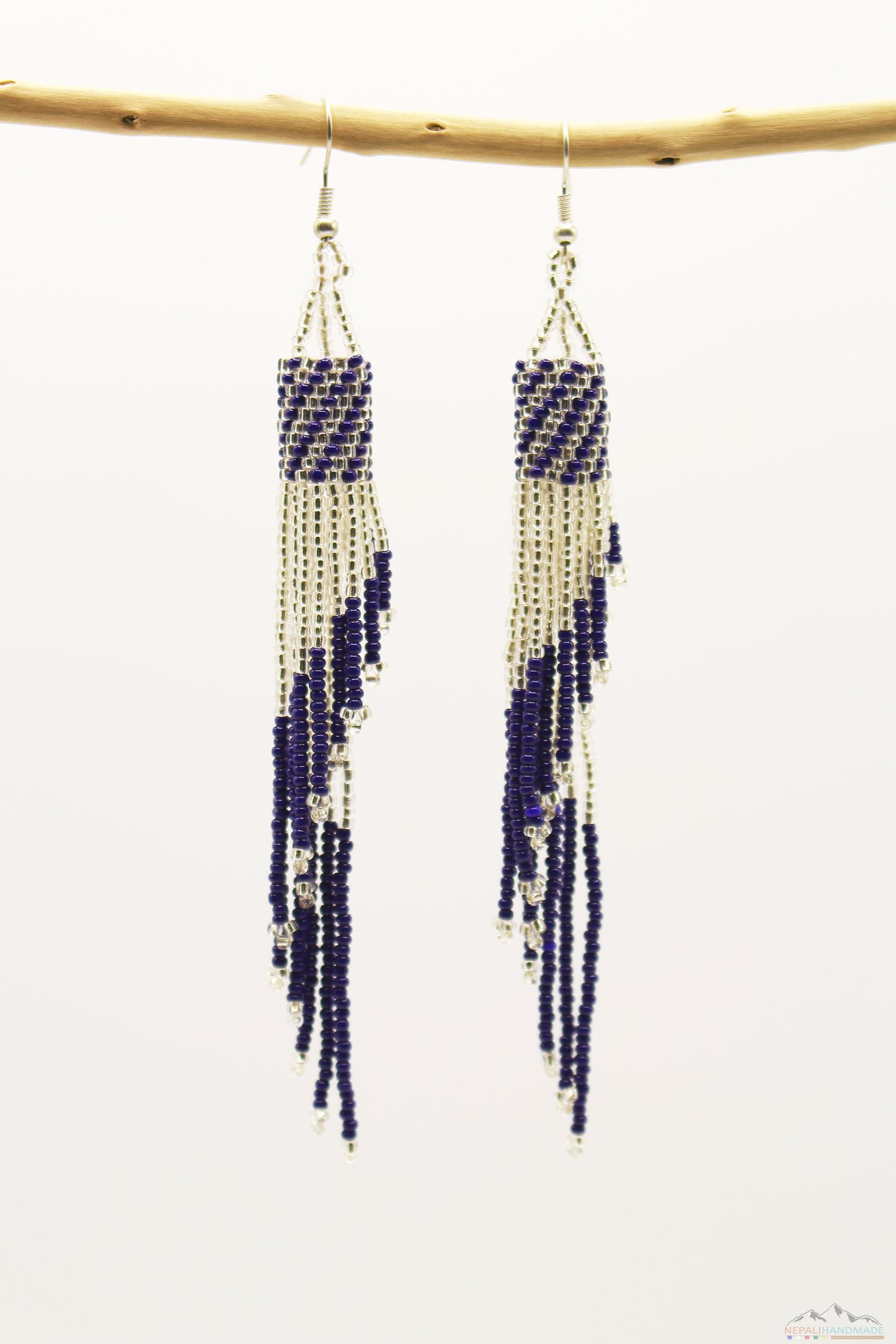 Dark Blue & Silver Glass Beads Tube Chandelier Earring