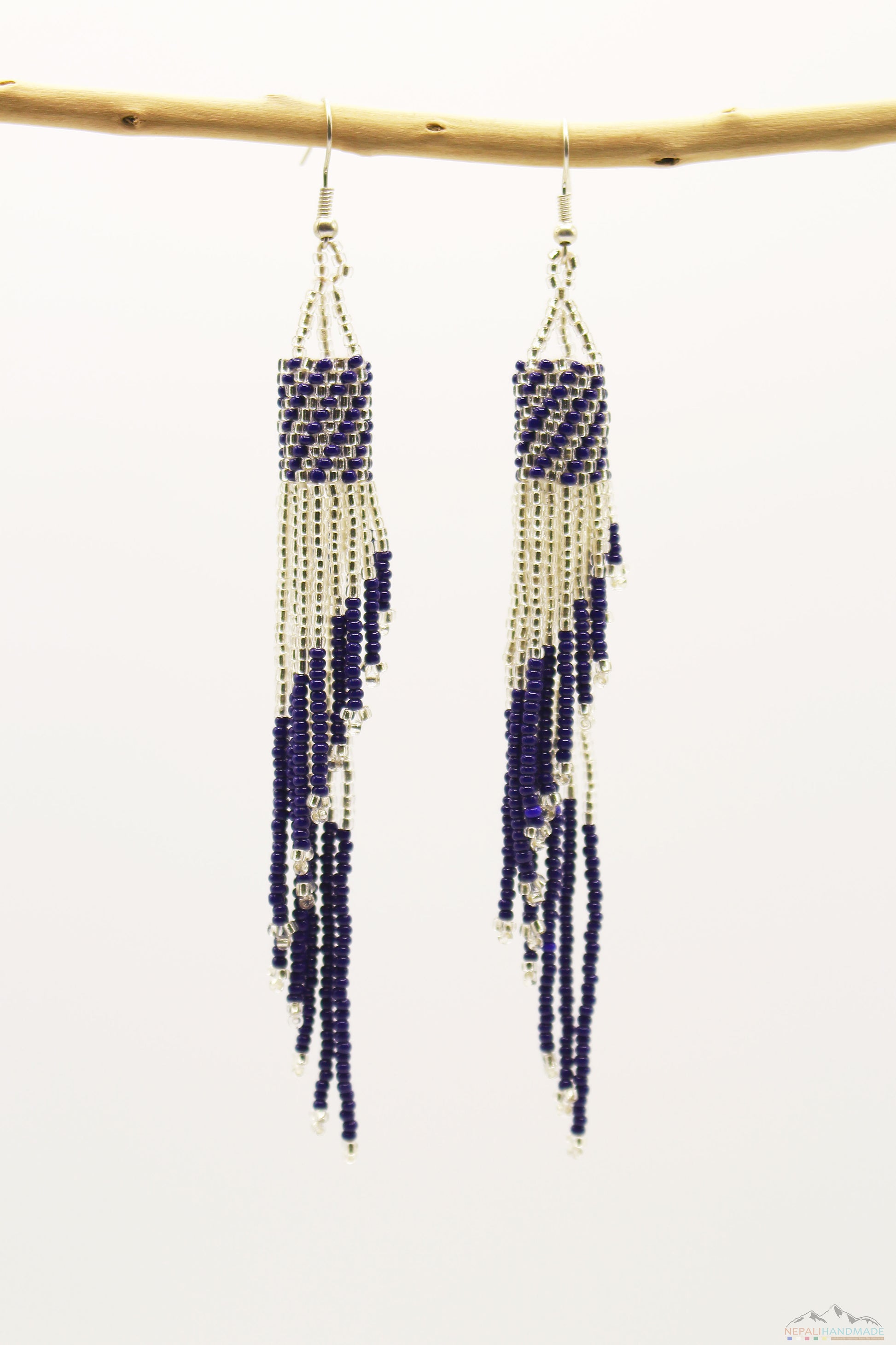 Dark Blue & Silver Glass Beads Tube Chandelier Earring