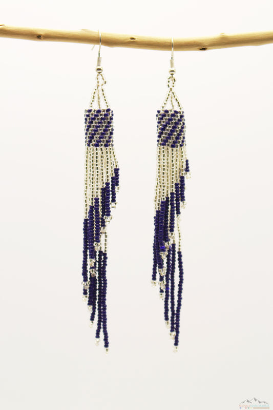 Dark Blue & Silver Glass Beads Tube Chandelier Earring