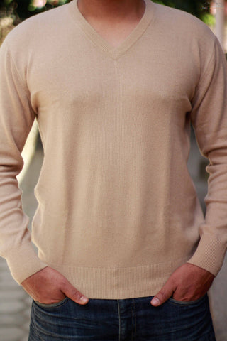Men's Wheat-Brown Cashmere V-Neck Pullover Sweater