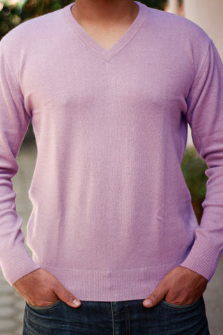 Men's Light Purple Cashmere V-Neck Pullover Sweater