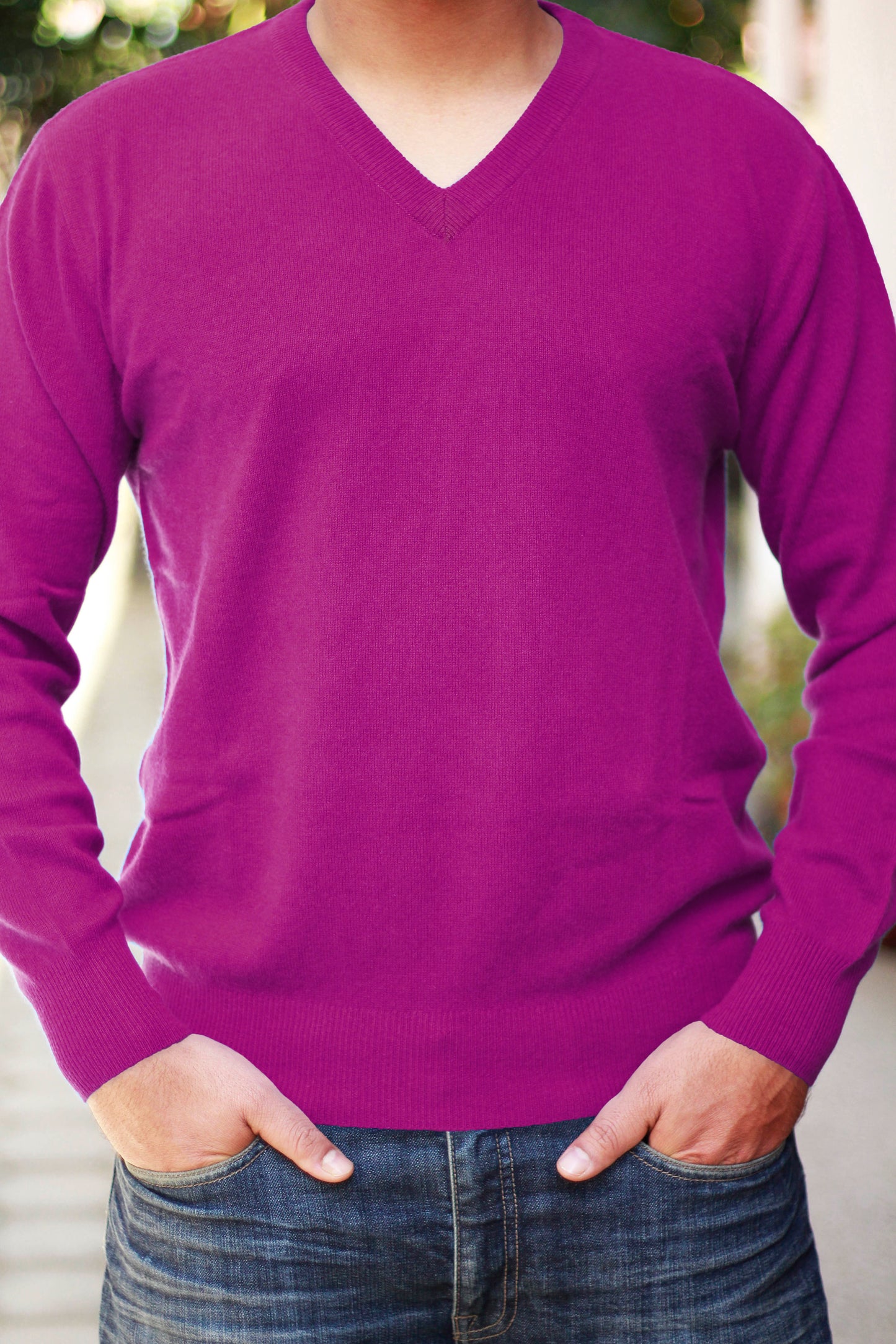 Men's Dark Magenta Cashmere Sweater V-Neck Pullover
