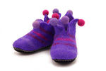 Imperial Purple Hand Felted Wool Baby Booties, Jester Style Baby Booties - Boys & Girls, Made with 100% Natural Wool & Genuine Leather Soles, Handmade in Nepal - Artisan Craftsmanship, Eco-Friendly Baby Booties - Sustainable Materials, Warm and Cozy Fit for Baby's Feet, Genuine Leather Soles for Added Traction, No Inner Seams - Maximum Comfort, Gentle Washing Recommended for Longevity, Non-Allergic Natural Wools - Gentle on Baby's Skin, Variations in Size and Color Due to Felting Process.