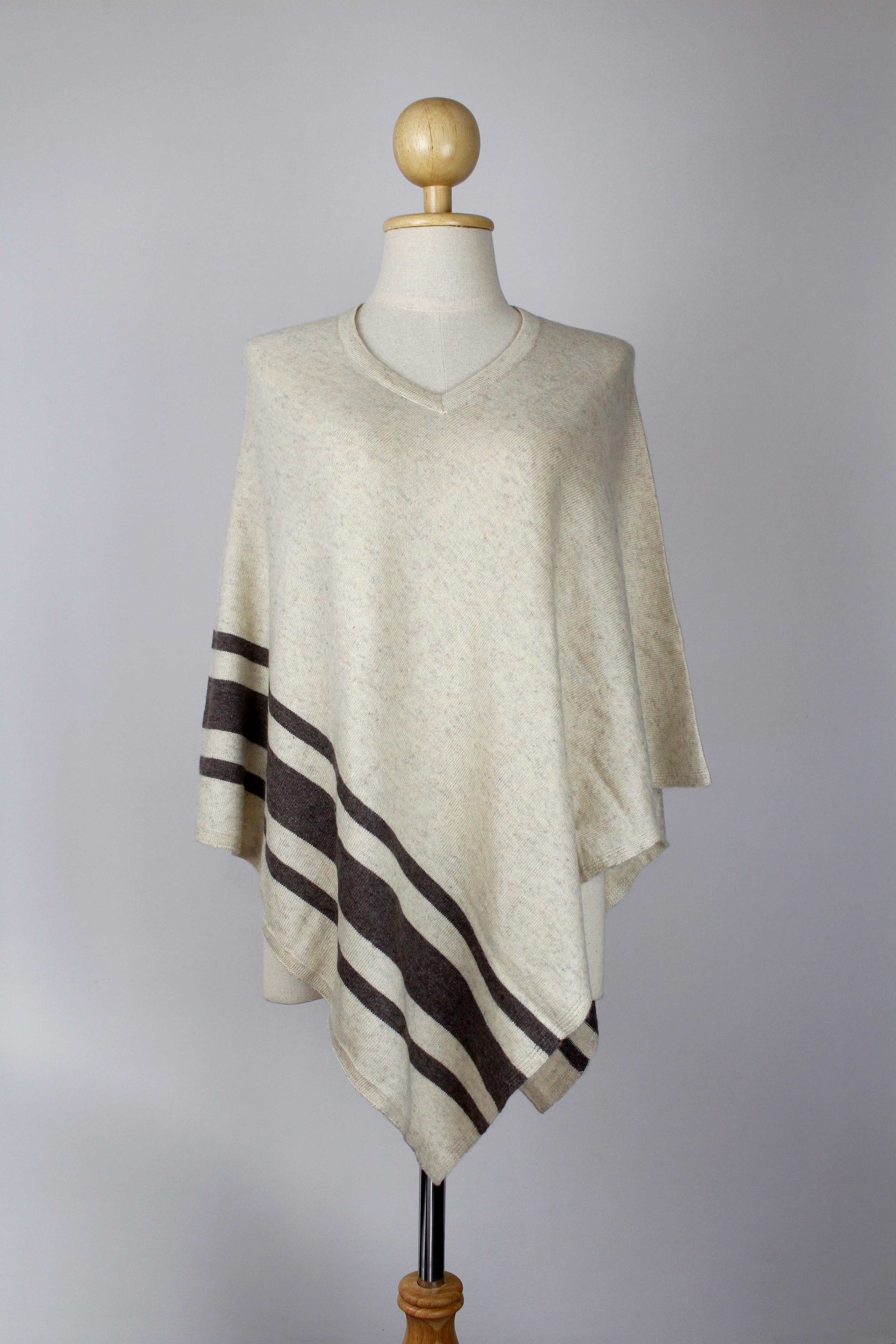 100% Cashmere Bottom Striped Off White Women's Poncho