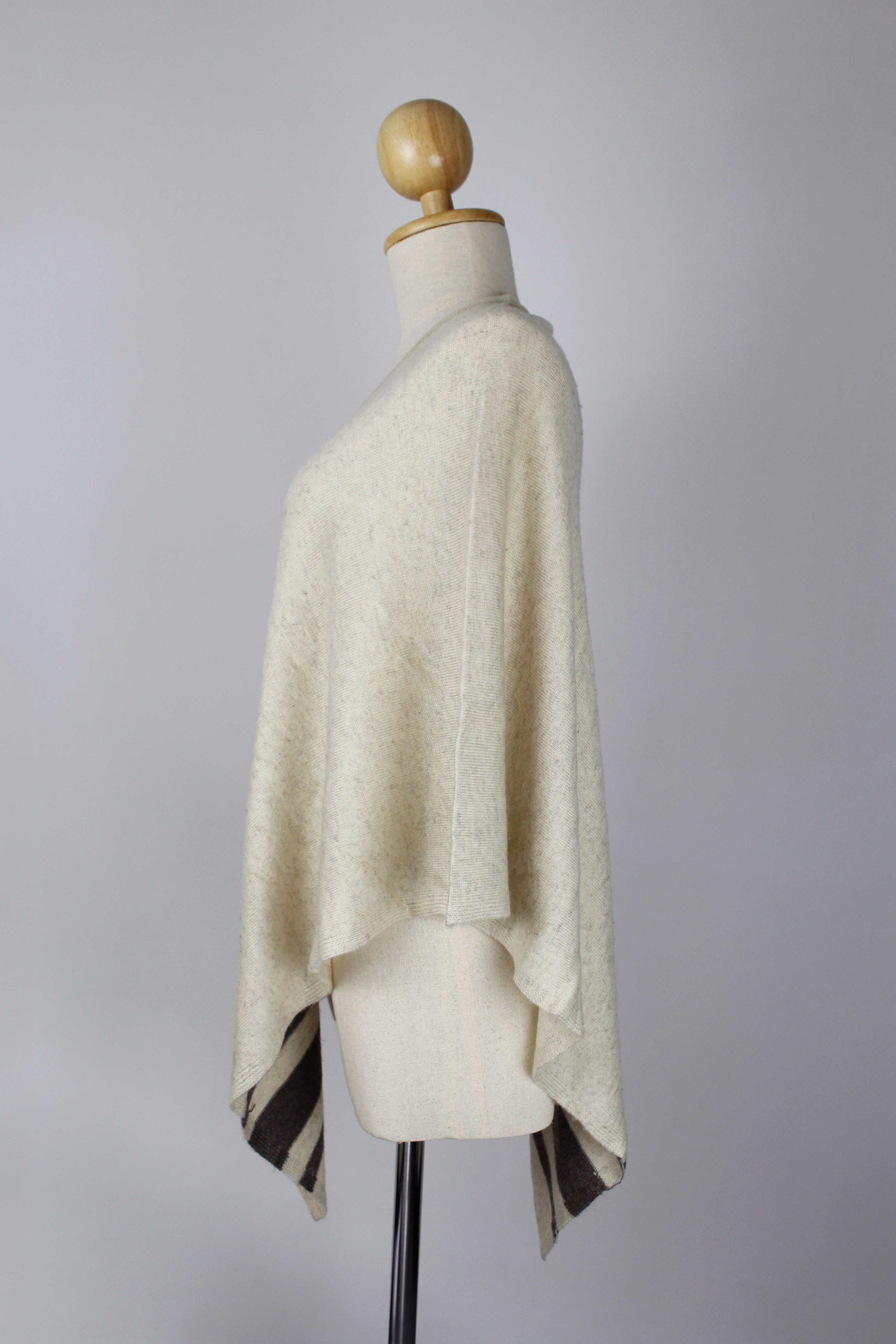100% Cashmere Bottom Striped Off White Women's Poncho