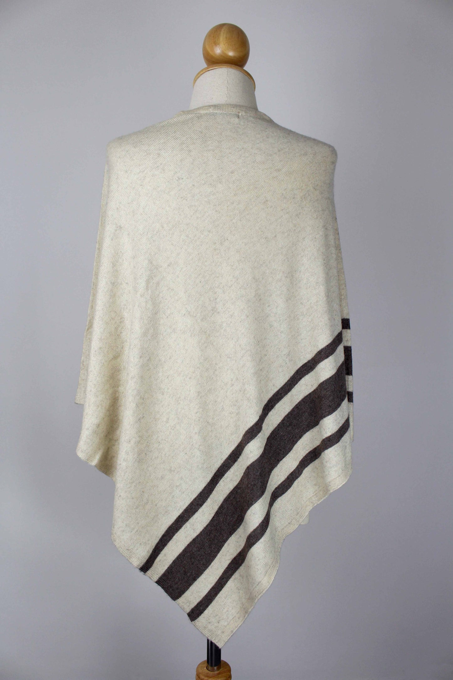 100% Cashmere Bottom Striped Off White Women's Poncho