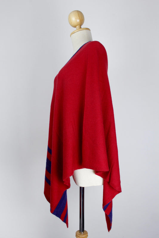 100% Cashmere Bottom Striped Red Women's Poncho