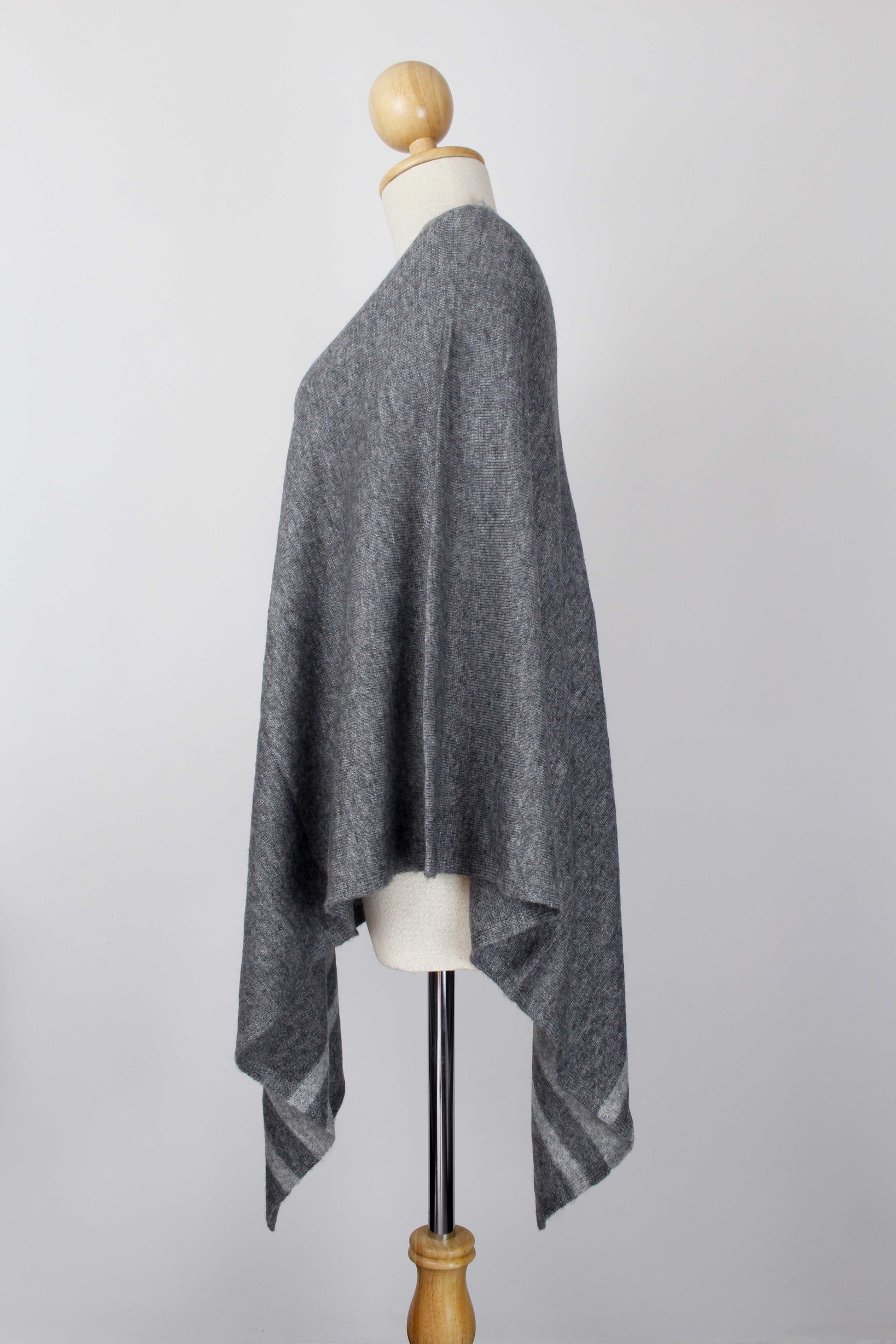 100% Cashmere Bottom Striped Dark Gray Women's Poncho