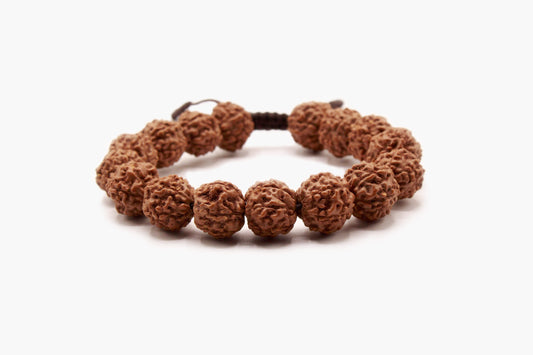 Rudraksha 10 mm seed bracelet with natural textured brown beads, front view.