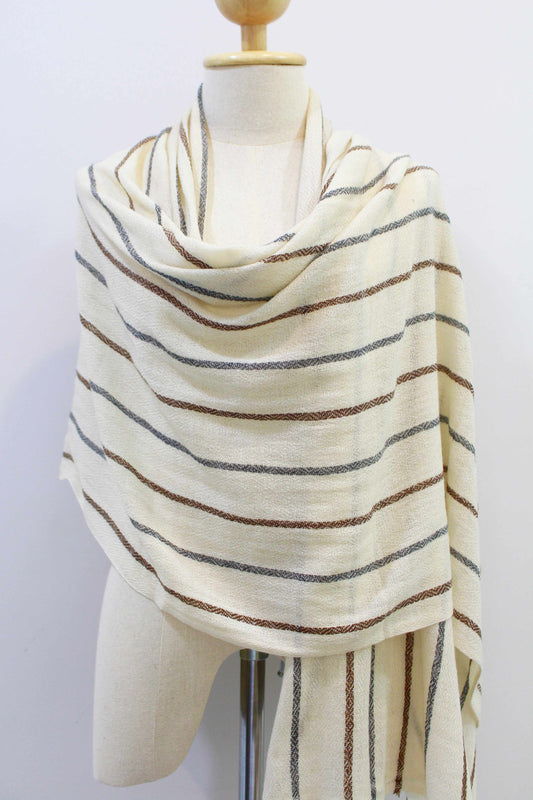 Women's 100% cashmere brown and gray striped beige scarf body wrapped on a mannequin