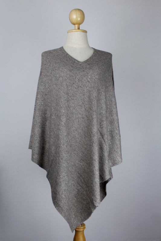 Women's Natural Taupe Brown cashmere V-neck poncho displayed on a mannequin, front view.