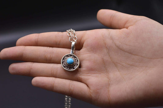 Turquoise Stone Silver Round Pendant Necklace For Women