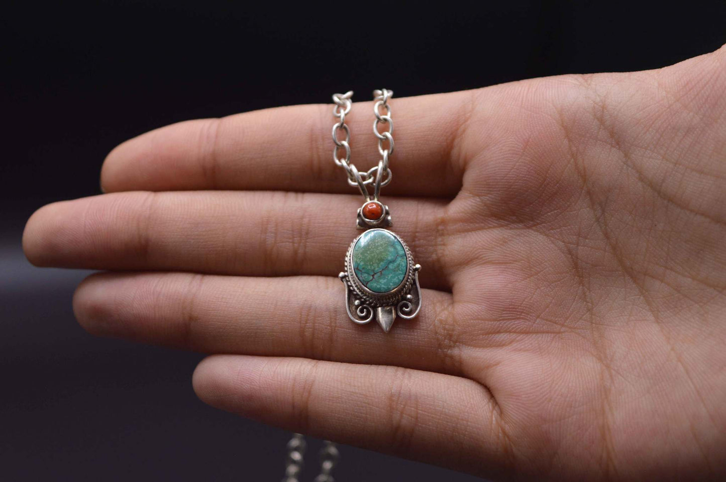 Red Coral & Turquoise Gemstones Silver Pendant Necklace For Women