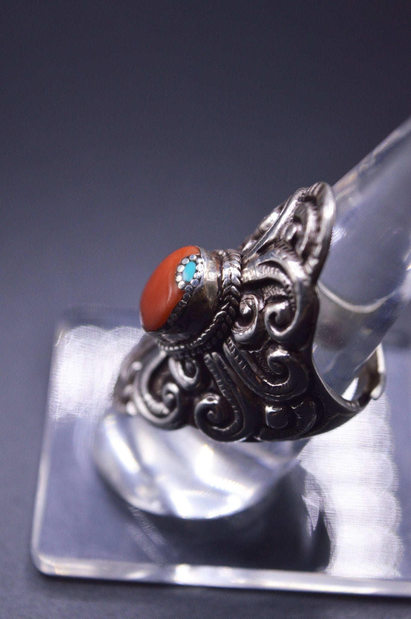 RED CORAL & MOON TURQUOISE STONE STERLING SILVER FINGER RING FOR WOMEN