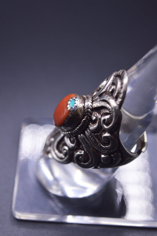 RED CORAL & MOON TURQUOISE STONE STERLING SILVER FINGER RING FOR WOMEN