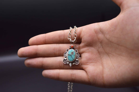 Red Coral & Turquoise Gemstones Silver Pendant Necklace For Women