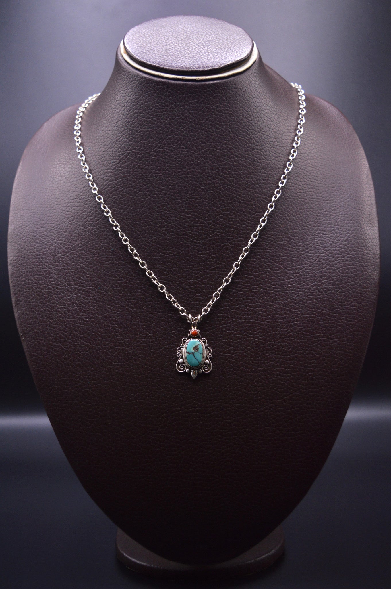 Red Coral & Turquoise Gemstones Silver Pendant Necklace For Women