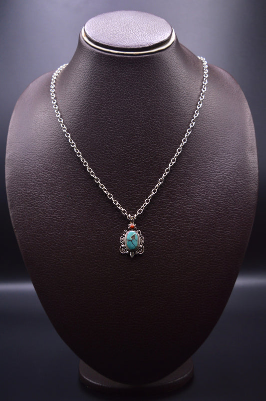 Red Coral & Turquoise Gemstones Silver Pendant Necklace For Women