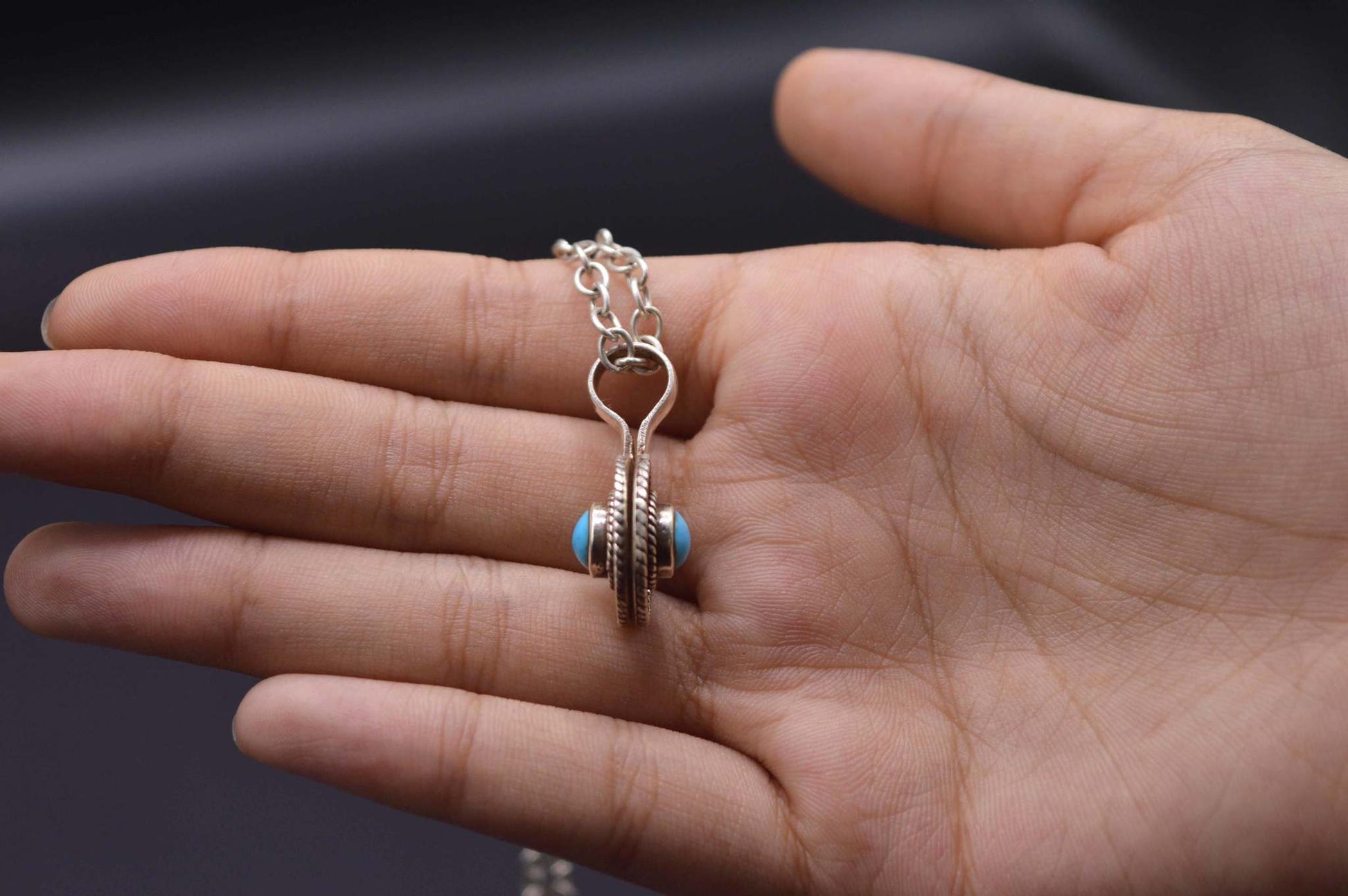 Turquoise Stone Silver Round Pendant Necklace For Women
