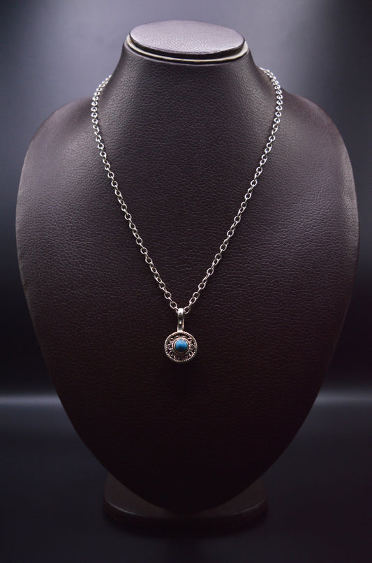 Turquoise Stone Silver Round Pendant Necklace For Women