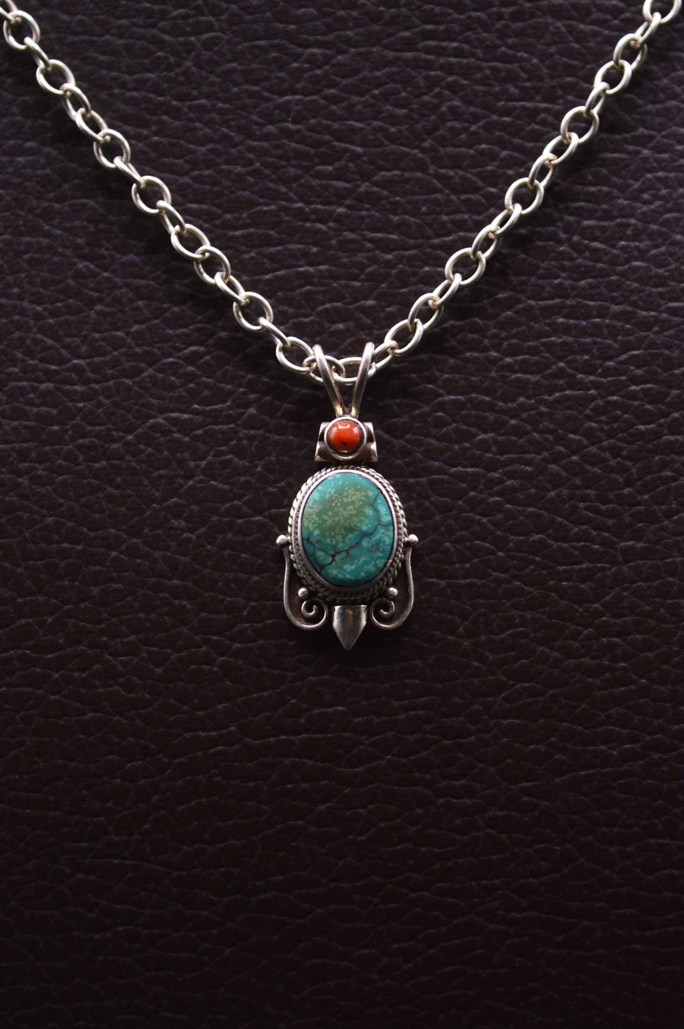 Red Coral & Turquoise Gemstones Silver Pendant Necklace For Women